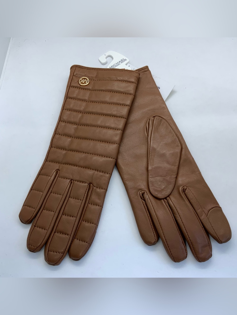 Michael Kors Quilted Brown Leather Women's Gloves with Gold MK Accent